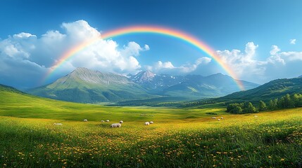 A vibrant rainbow arches over a lush green meadow, with a flock of sheep grazing in the foreground, nestled among the majestic mountains.