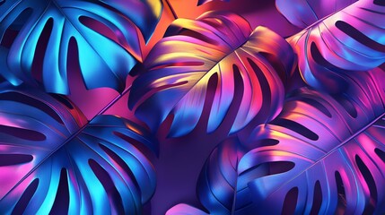 Shiny tropical leaves in neon blue and purple colors.