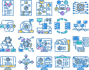 Sticker - system analyst data business doodle icons set vector. sketch line art computer digital, financial technology, kpi information, analytics management, chart system analyst business color illustrations