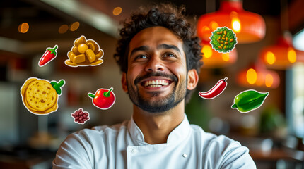 Wall Mural - a joyful chef smiles confidently in a vibrant restaurant, surrounded by playful illustrations of var