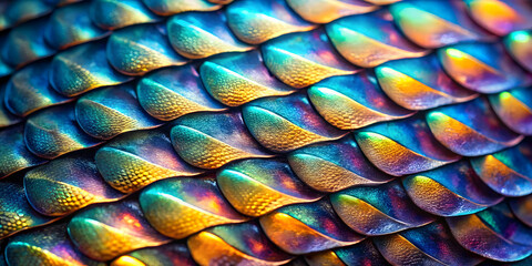 Wall Mural - Close-up of dragon scales in iridescent hues with sharp ridges