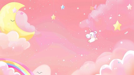 Wall Mural - A delightful children's cartoon scene set against a dreamy pink background. There are colorful and cute characters that might be animals or little people