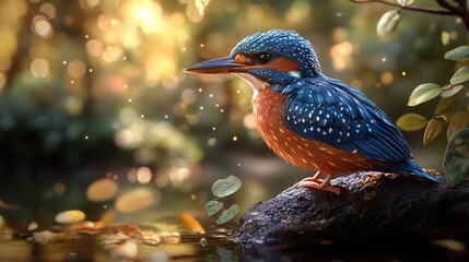 Sticker - Stunning Kingfisher Perched on a Branch in a Lush Forest