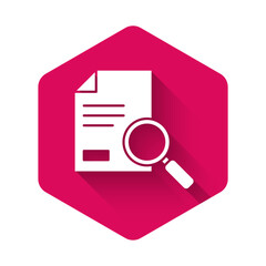 Poster - White Document with search icon isolated with long shadow. File and magnifying glass icon. Analytics research sign. Pink hexagon button. Vector Illustration