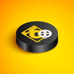 Poster - Isometric line Washer with screwdriver and wrench icon isolated on yellow background. Adjusting, service, setting, maintenance, repair, fixing. Black circle button. Vector