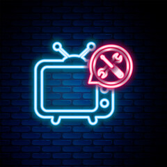 Canvas Print - Glowing neon line Tv with screwdriver and wrench icon isolated on brick wall background. Adjusting, service, setting, maintenance, repair, fixing. Colorful outline concept. Vector