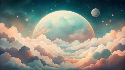 Retro nature moon illustrated in a vintage art style soft pastel colors dreamy clouds