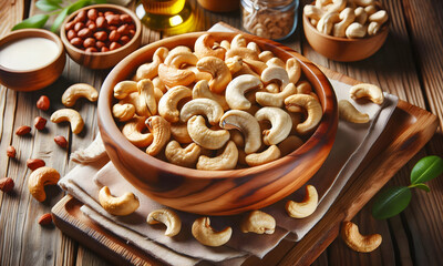 Schale mit frischen Cashews auf einem Holztisch , gesunde Cashew-Nüsse