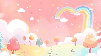 Wall Mural - A delightful children's cartoon scene set against a dreamy pink background. There are colorful and cute characters that might be animals or little people