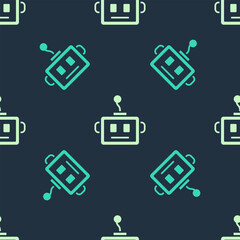 Poster - Green and beige Artificial intelligence robot icon isolated seamless pattern on blue background. Machine learning, cloud computing. Vector