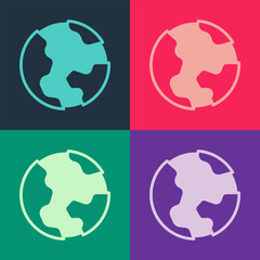 Poster - Pop art Earth globe icon isolated on color background. World or Earth sign. Global internet symbol. Geometric shapes. Vector