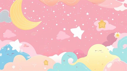 Wall Mural - A delightful children's cartoon scene set against a dreamy pink background. There are colorful and cute characters that might be animals or little people