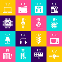 Poster - Set Smartwatch, microwave oven, Robot vacuum cleaner, bathroom scales, light bulb, Processor with microcircuits CPU, Wireless laptop and antenna icon. Vector
