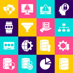 Poster - Set Server, Data, Web Hosting, Cost reduction, Hierarchy organogram chart, Laptop with exclamation mark, Sales funnel, Mobile and password, Cloud shield and icon. Vector