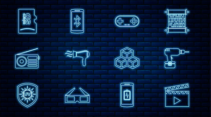 Wall Mural - Set line Movie clapper, Drill machine, Gamepad, Hair dryer, Radio, Micro SD memory card, Isometric cube and Smartphone with icon. Vector