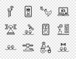 Poster - set line plant, smart farm with drone, chicken and camera, automatic irrigation sprinklers, router w