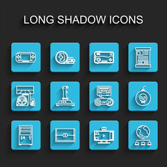 Poster - Set line Computer, Chest for game, Portable video console, Live streaming online, network, Joystick arcade machine, Bomb ready to explode and Game with joystick icon. Vector