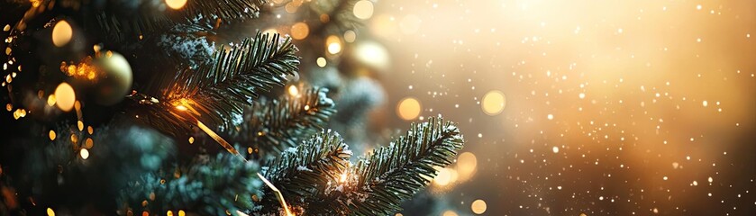 Poster - Beautiful close-up of a Christmas tree adorned with festive lights and snowflakes, creating a warm holiday atmosphere.