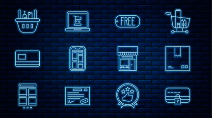 Poster - Set line Credit card with lock, Cardboard box traffic symbol, Price tag text Free, Online shopping on phone, Shopping basket and food, building or market store and cart laptop icon. Vector