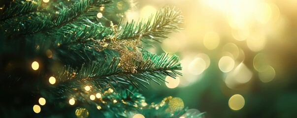Poster - Close-up of a Christmas tree branch adorned with warm lights, evoking festive cheer and holiday spirit in a serene ambiance.