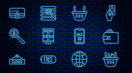 Fototapete - Set line Shopping basket and food, Wallet with paper money cash, Online shopping mobile, Magnifying glass dollar, Credit card lock, Mobile phone cart and Search browser window icon. Vector