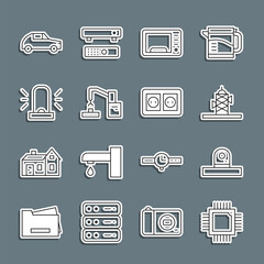 Poster - Set line Processor with microcircuits CPU, Security camera, Antenna, Microwave oven, Robotic robot arm hand factory, Flasher siren, Car and Electrical outlet icon. Vector