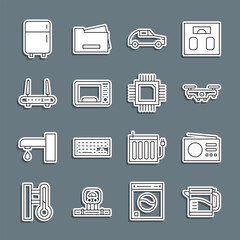 Poster - Set line Electric kettle, Radio, Drone flying, Car, Microwave oven, Router and wi-fi signal, Refrigerator and Processor with microcircuits CPU icon. Vector