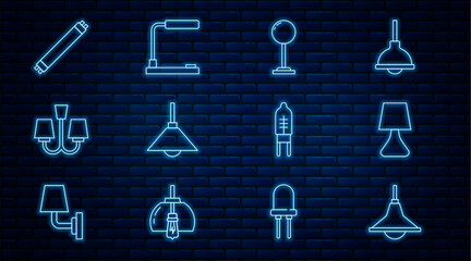 Poster - Set line Chandelier, Table lamp, Floor, Lamp hanging, Fluorescent, Light emitting diode and icon. Vector