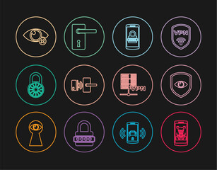 Poster - Set line Mobile and face recognition, Shield eye, password, Digital door lock with wireless, Safe combination wheel, Invisible hide, Server VPN and Door handle icon. Vector