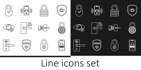 Poster - Set line Mobile and password, Safe combination lock wheel, Lock, Digital door with wireless, Invisible hide, Padlock clock, and Smart car alarm system icon. Vector