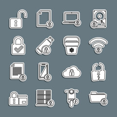 Sticker - Set line Folder and lock, Broken or cracked, Wifi locked, Laptop, USB flash drive with, Lock check mark, Open padlock and Cooler bag icon. Vector