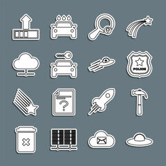 Poster - set line ufo flying spaceship, hammer, police badge, search location, car rental, network cloud conn