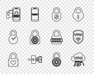 Fototapete - Set line Padlock with heart, Cloud VPN interface, Money, Digital door wireless, Smart car security system, Safe combination wheel, and Shield icon. Vector