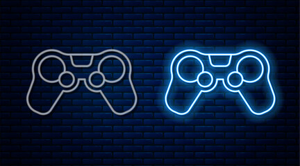 Canvas Print - Glowing neon line Gamepad icon isolated on brick wall background. Game controller. Vector