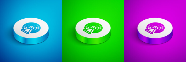 Poster - Isometric line Radar icon isolated on blue, green and purple background. Search system. Satellite sign. White circle button. Vector