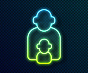 Poster - Glowing neon line Taking care of children icon isolated on black background. Vector