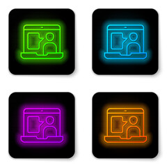 Poster - Glowing neon line E-learning of different foreign languages icon isolated on white background. Black square button. Vector