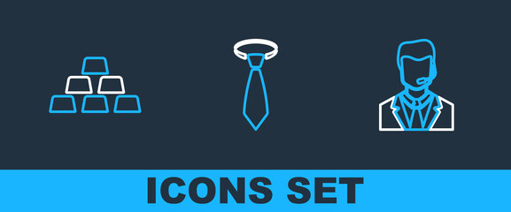 Poster - Set line Man with a headset, Gold bars and Tie icon. Vector
