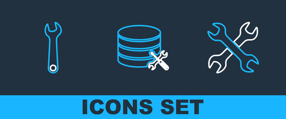 Poster - Set line Crossed wrenchs, Wrench and Database server service icon. Vector