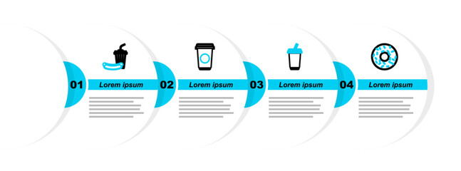 Poster - Set line Donut, Glass with water, Coffee cup and Soda and hotdog icon. Vector