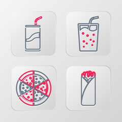 Canvas Print - Set line Burrito, Pizza, Glass with water and Soda can drinking straw icon. Vector