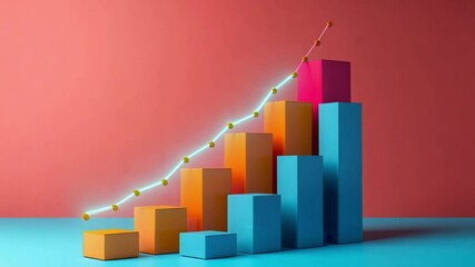 Fototapete - A vibrant bar graph displays various colored bars representing progress over time, alongside a rising trend line. The contrasting background enhances visual appeal.
