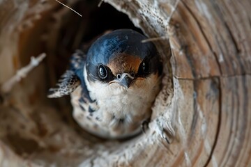 Close-up portrait of a bird looking at the camera from a tree trunk. The watchful eyes of a baby bird waiting to be fed.