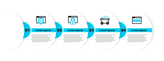 Sticker - Set line Password protection, Coal mine trolley, Secure your site with HTTPS, SSL and Browser shield icon. Vector