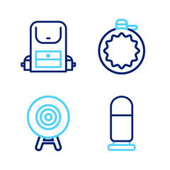 Sticker - Set line Bullet, Target sport, Canteen water bottle and Hiking backpack icon. Vector