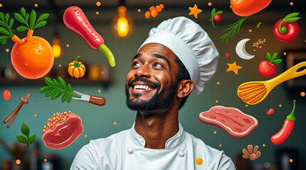 Wall Mural - A cheerful chef wearing a white uniform and hat smiles as he stands in a lively kitchen filled with various fresh vegetables and cooking tools. The atmosphere is bright and inviting