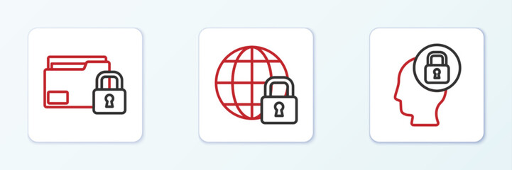 Poster - set line human head with lock, folder and and global lockdown icon. vector
