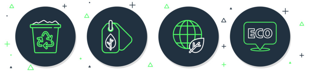 Poster - set line tag with leaf, earth globe and, recycle bin recycle and label for eco healthy food icon. ve
