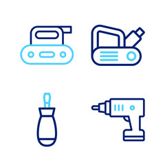 Poster - Set line Electric cordless screwdriver, Screwdriver, planer tool and icon. Vector