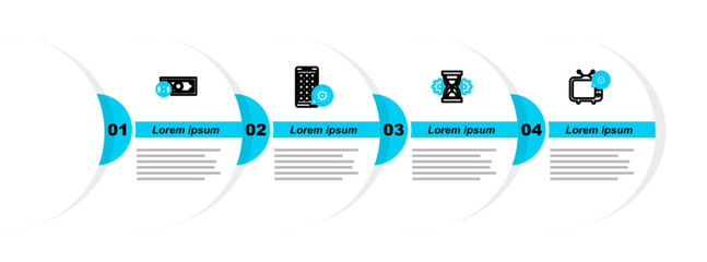 Poster - Set line Tv setting, Hourglass, Mobile Apps and Fast payments icon. Vector